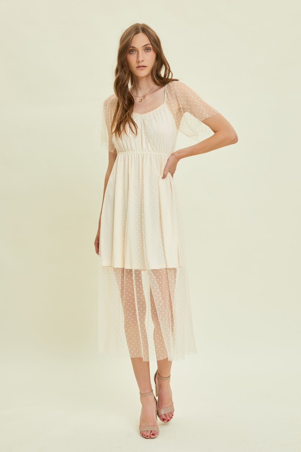 HEYSON Heart Mesh Flare Sleeve Midi Dress