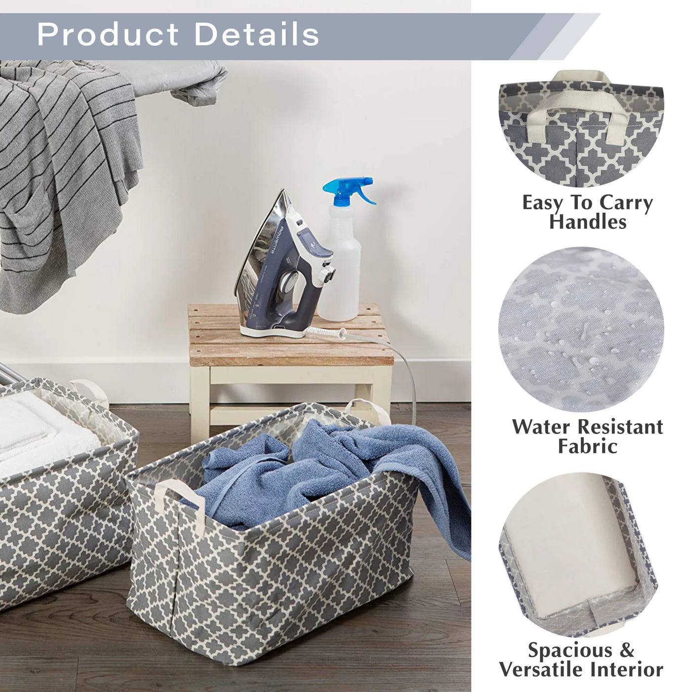 Pe Coated Cotton/Poly Laundry Bin Lattice Nautical Blue Rectangle Asst Small Set/3
