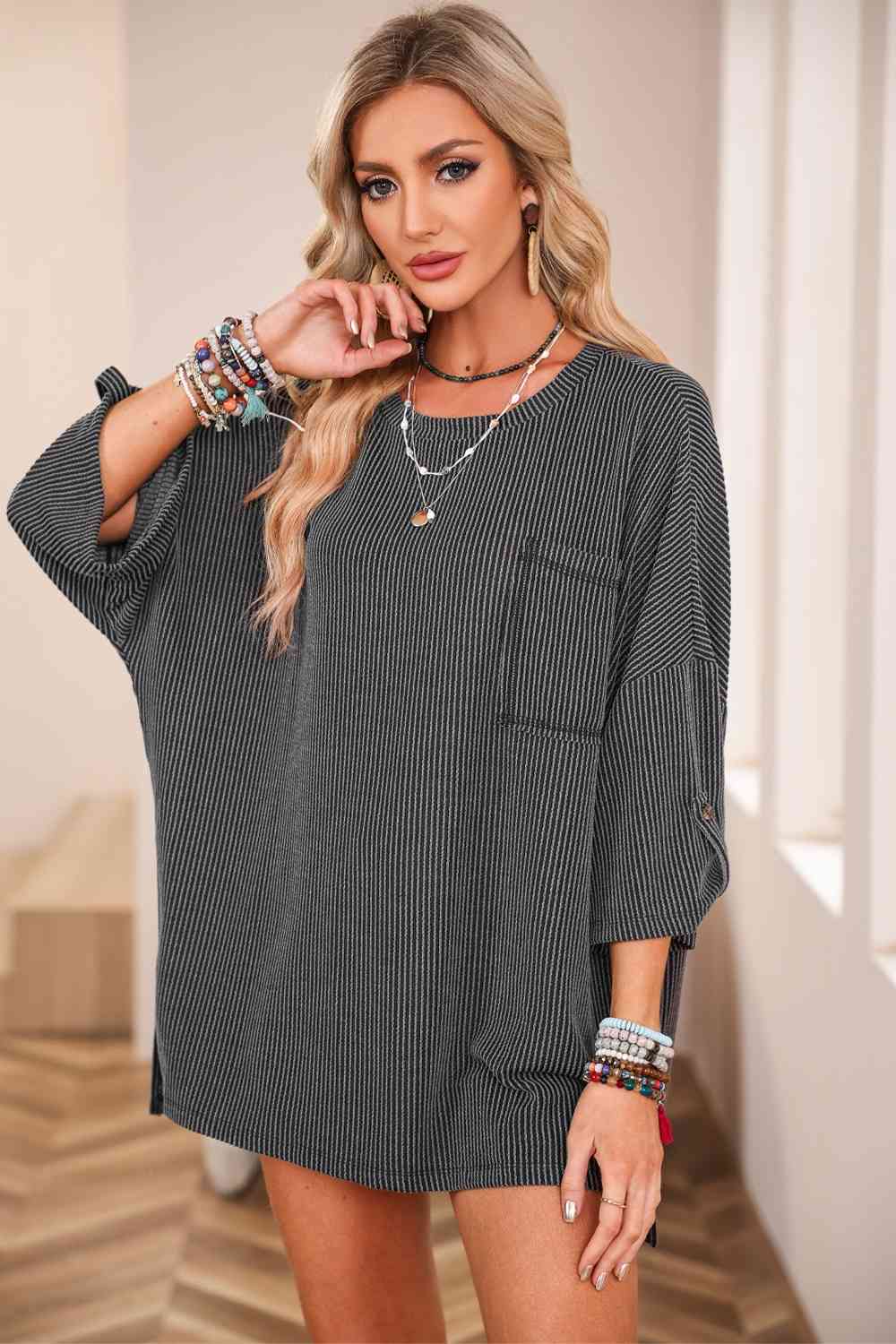 Round Neck Slit Roll-Tab Sleeve Oversize Top
