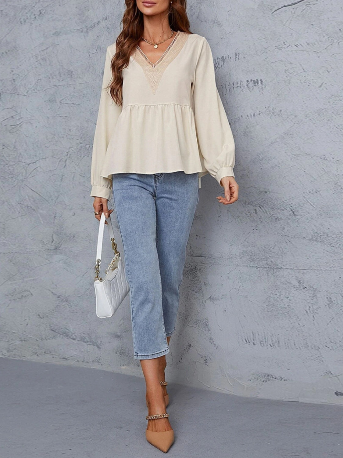 V-Neck Peplum Long Sleeve Shirt