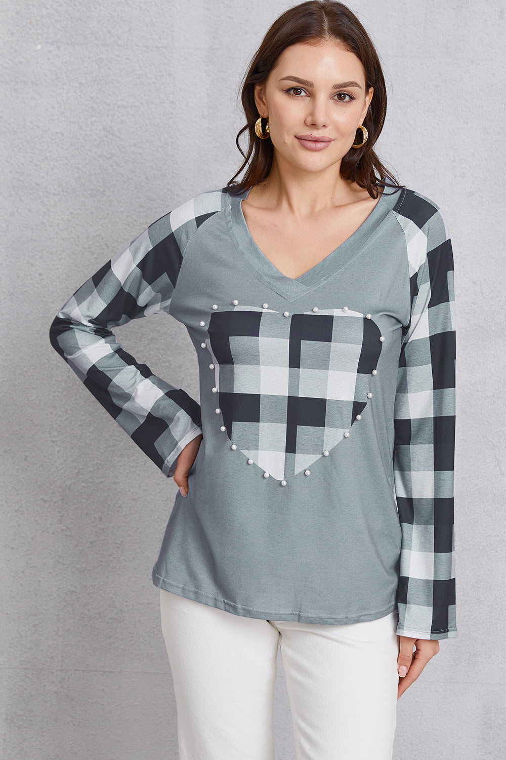 Pearl Detail Plaid V-Neck T-Shirt