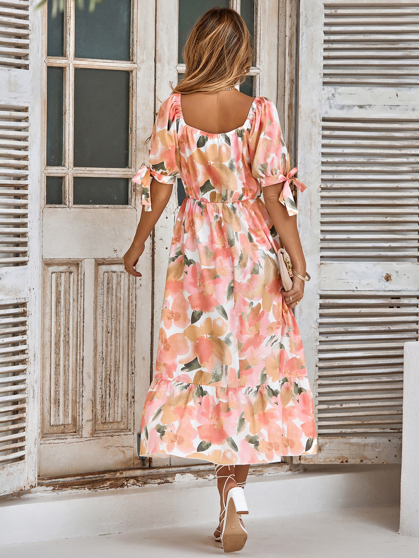 Floral Tie Cuff Surplice Neck Dress