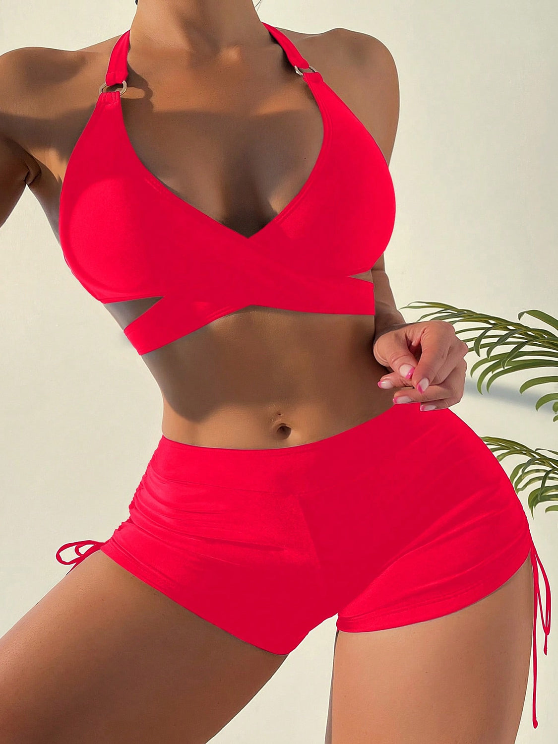 Crisscross Tied Top and Drawstring Shorts Swim Set