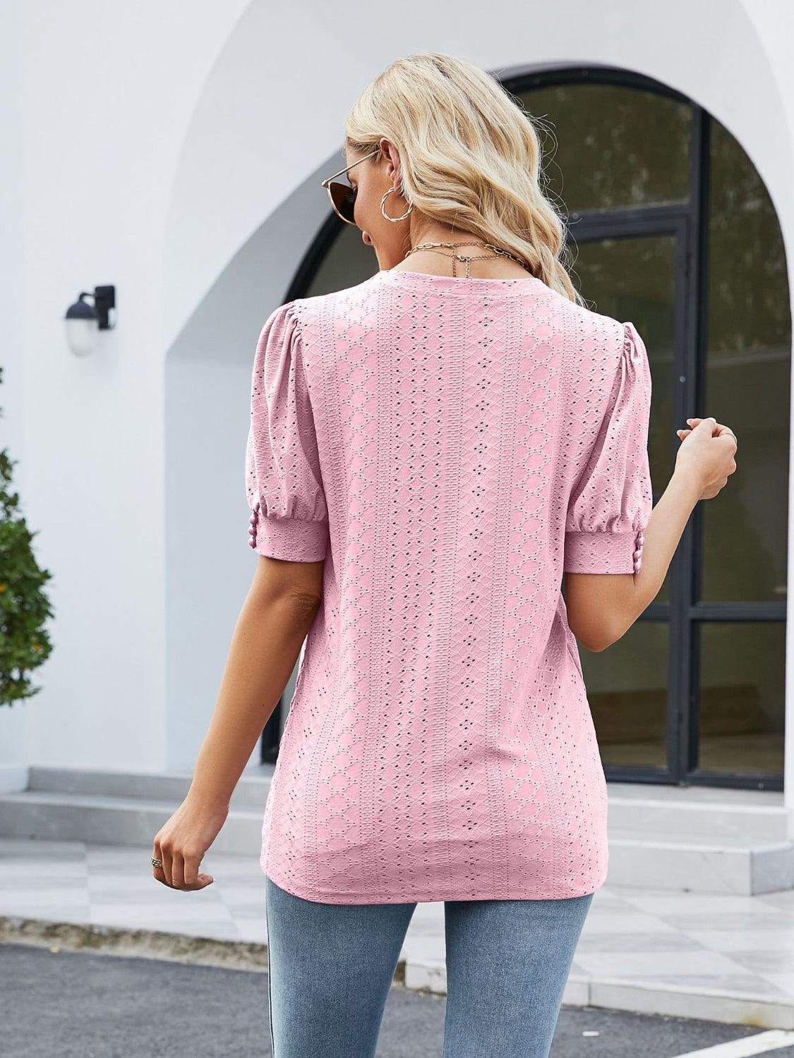 Eyelet Notched Short Sleeve Blouse