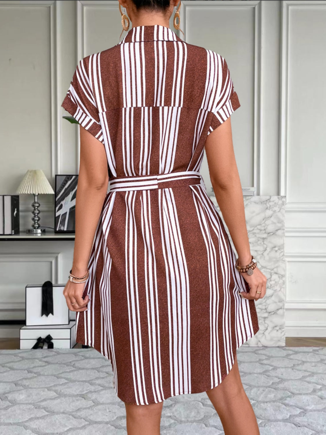 Striped Button Up Tie Waist Mini Dress