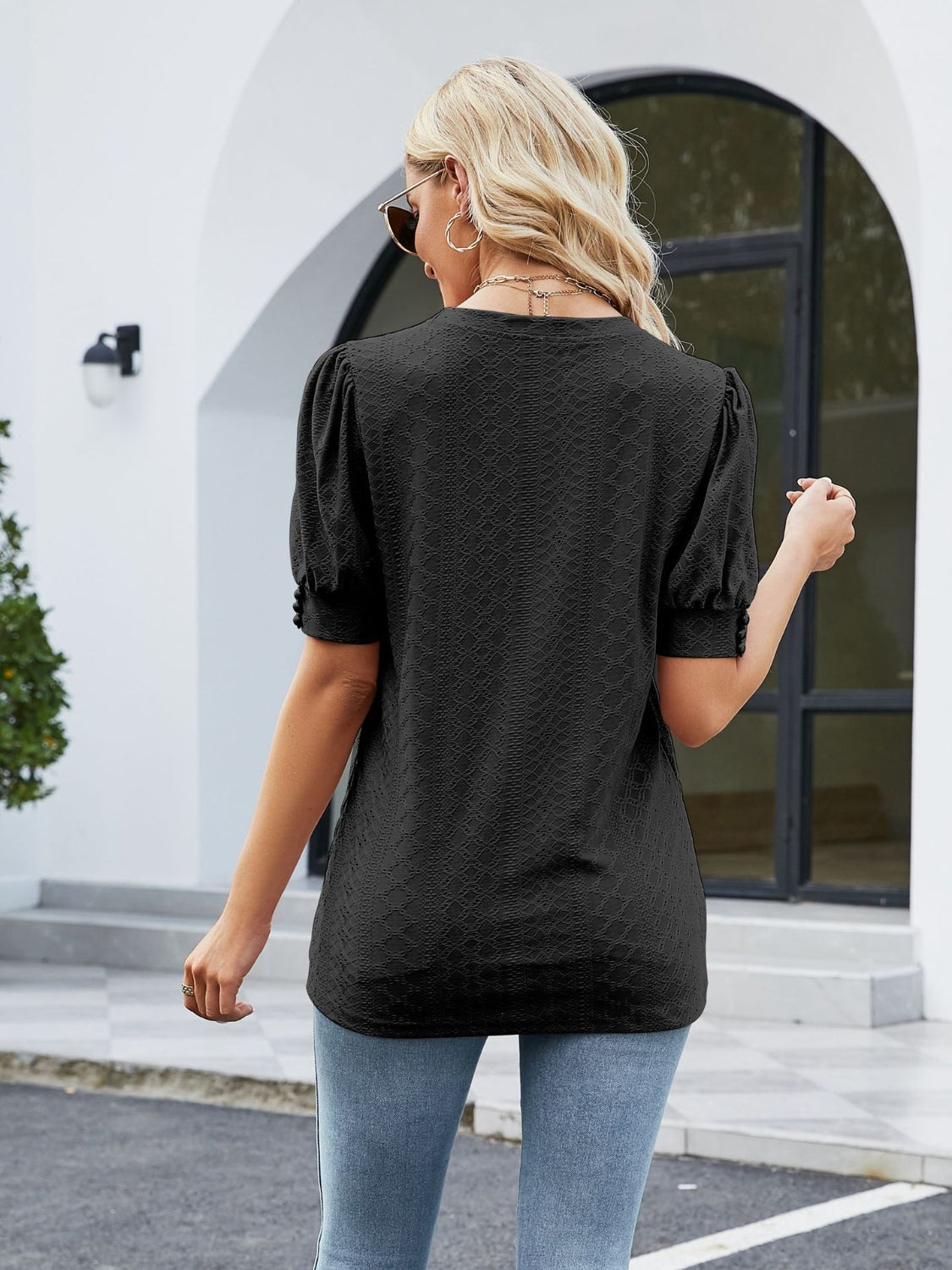 Eyelet Notched Short Sleeve Blouse