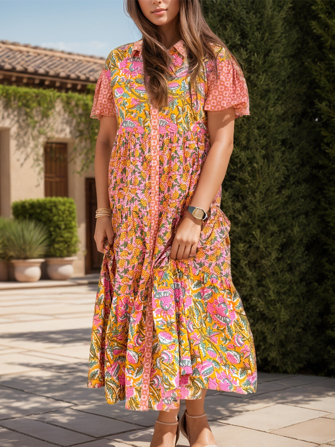 MeiMei Printed Collared Neck Short Sleeve Midi Dress