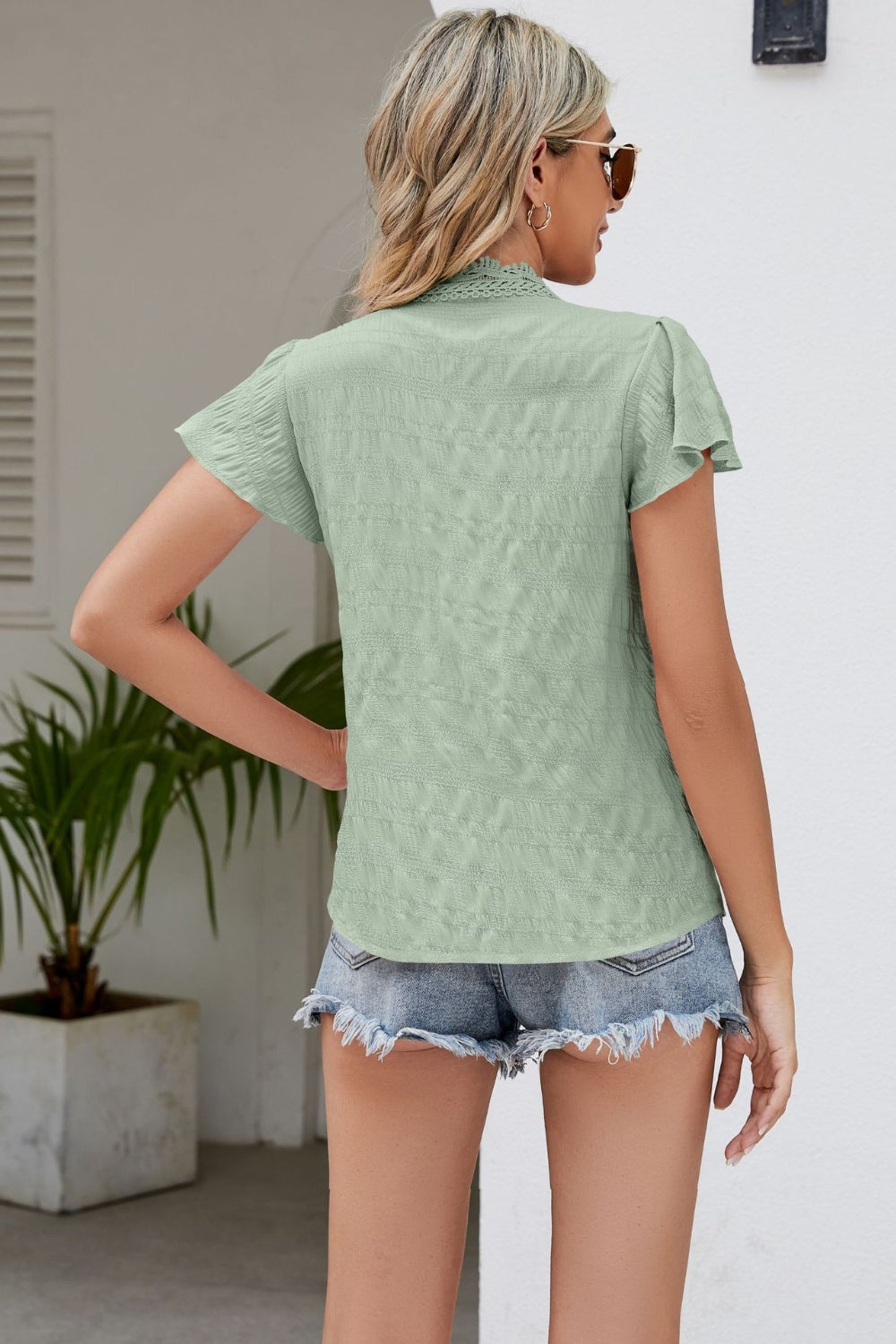 Ruffled V-Neck Button Up Cap Sleeve T-Shirt