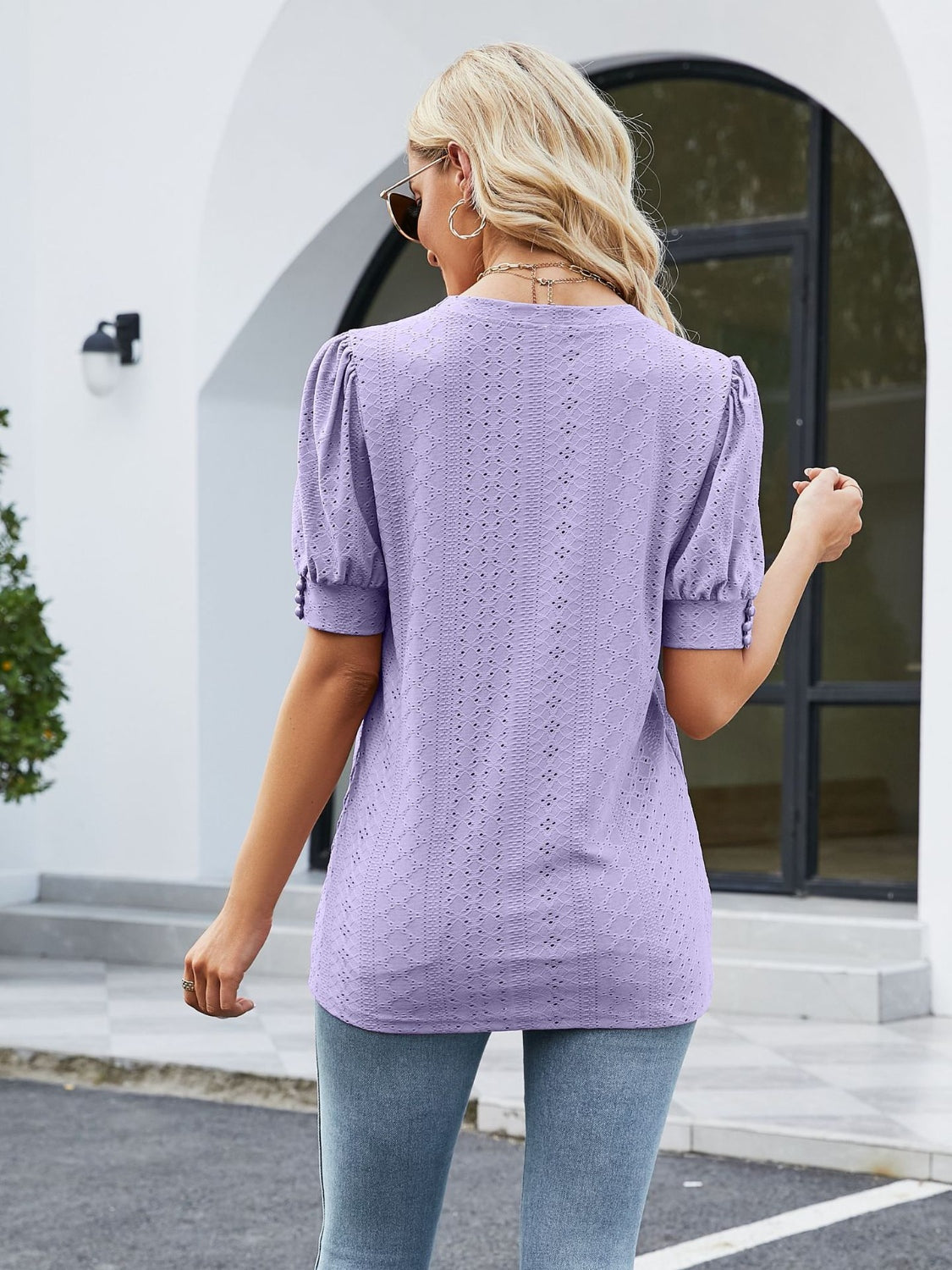 Eyelet Notched Short Sleeve Blouse