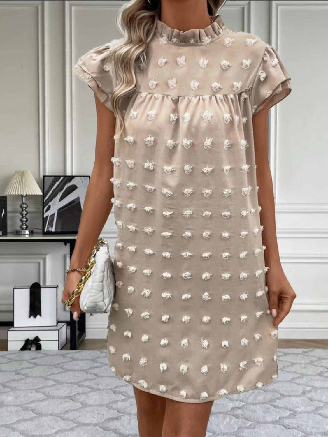 Swiss Dot Mock Neck Cap Sleeve Mini Dress