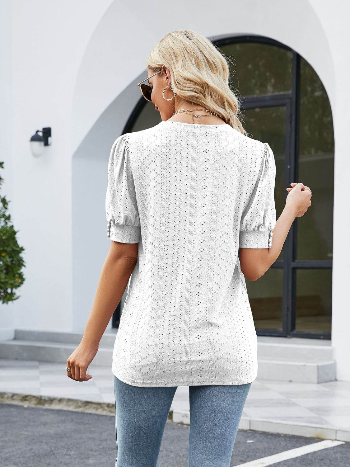 Eyelet Notched Short Sleeve Blouse