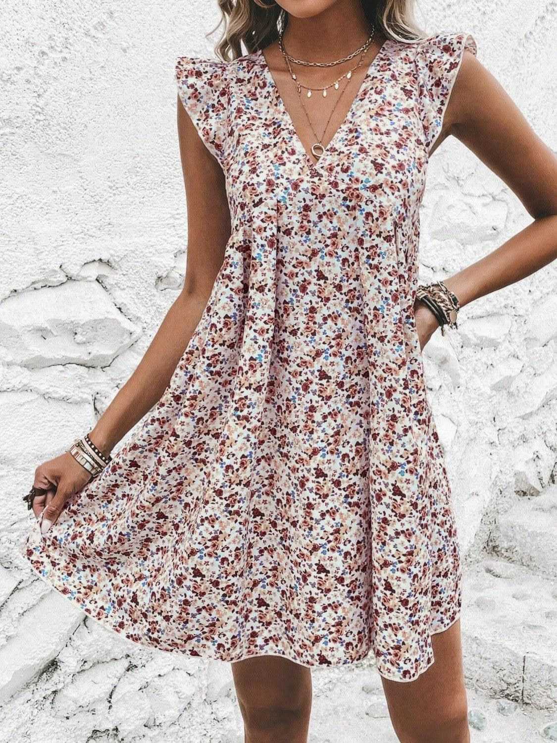 Printed V-Neck Cap Sleeve Mini Dress