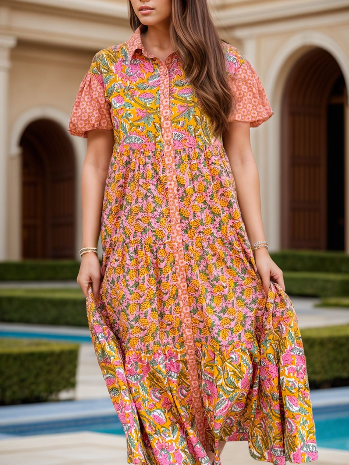 MeiMei Printed Collared Neck Short Sleeve Midi Dress