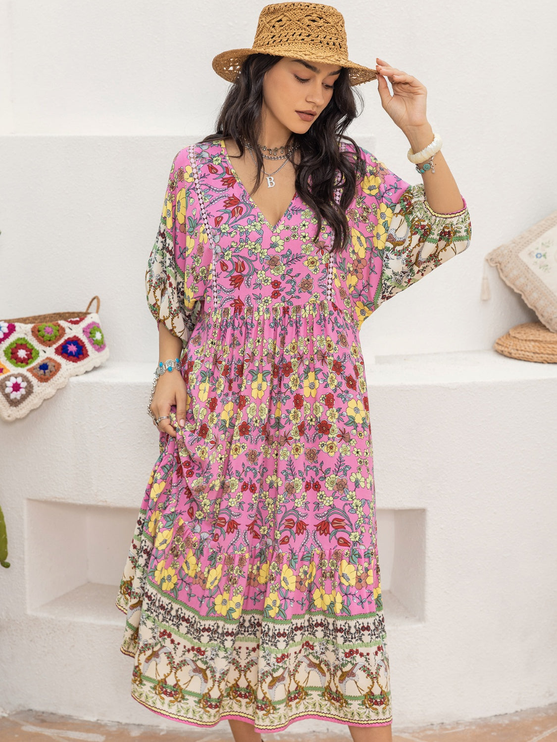 Printed V-Neck Balloon Sleeve Dress