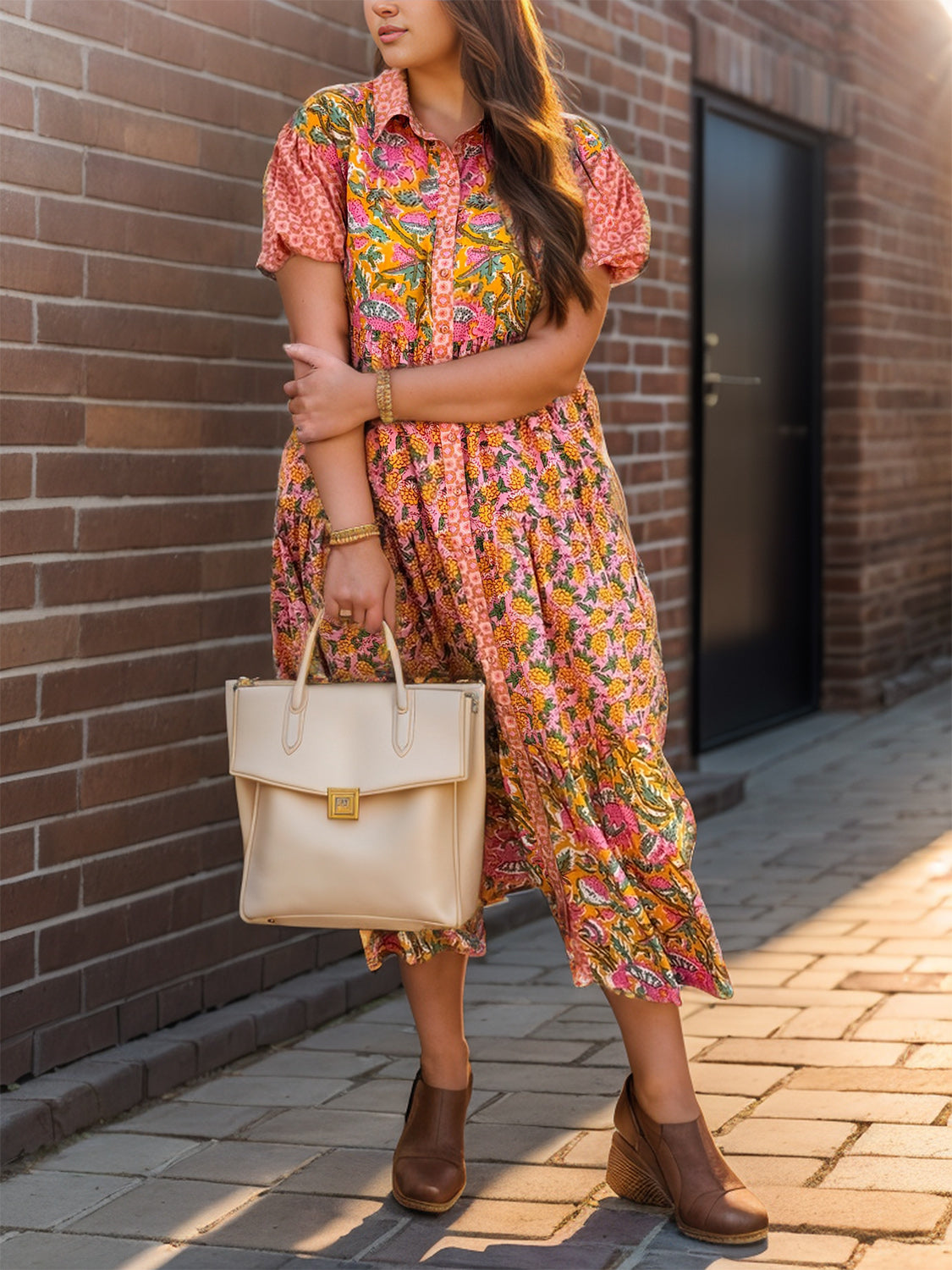 MeiMei Printed Collared Neck Short Sleeve Midi Dress
