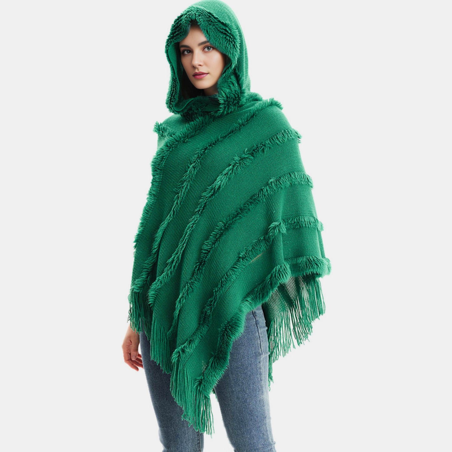 Fringe Trim Hooded Shawl