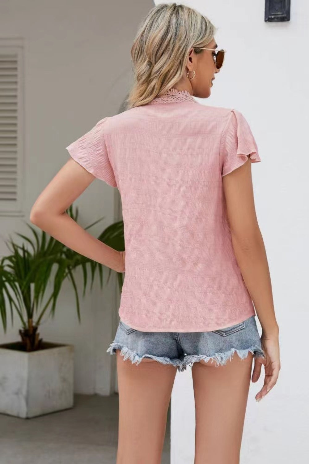Ruffled V-Neck Button Up Cap Sleeve T-Shirt