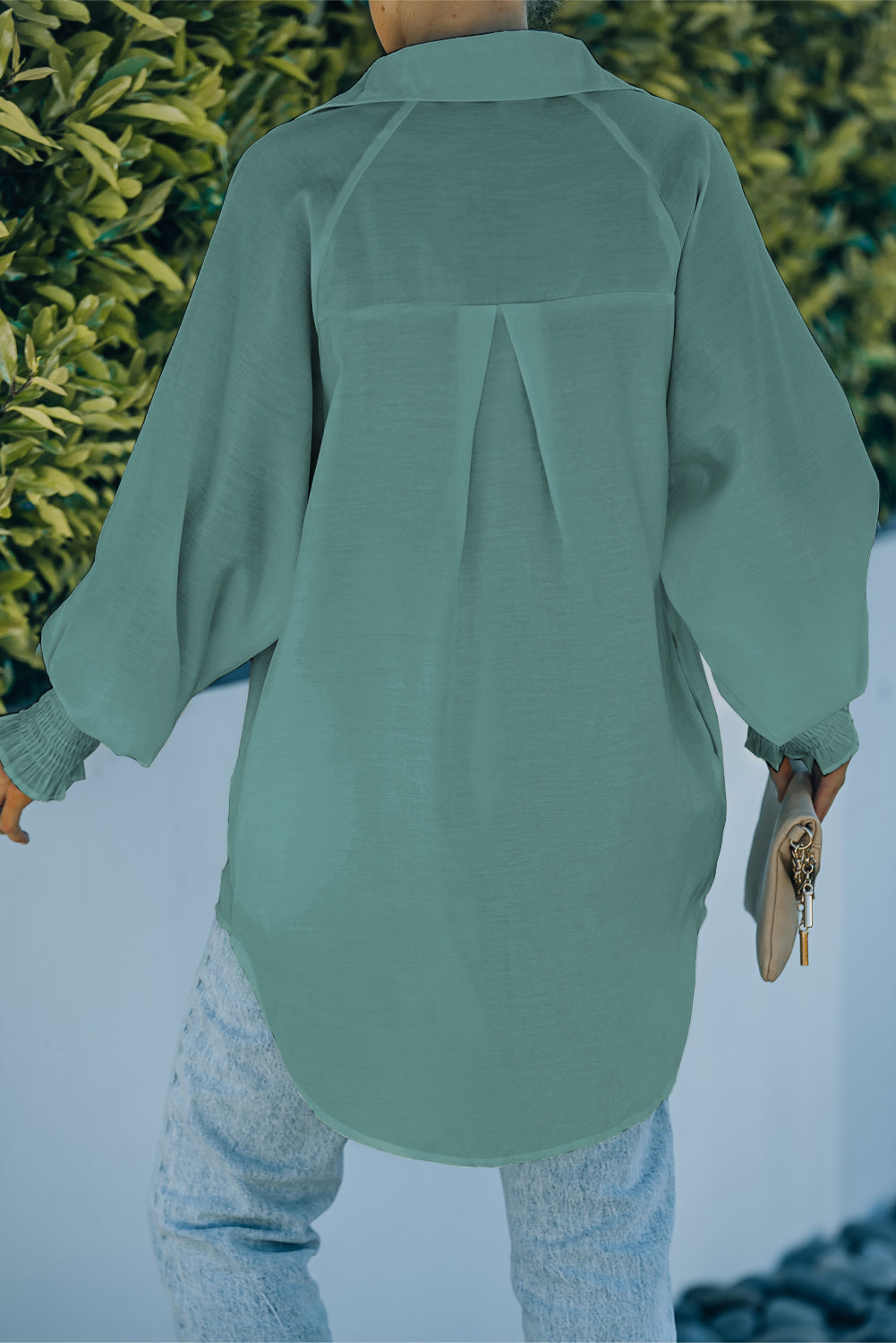 Pocketed Button Up Lantern Sleeve Shirt
