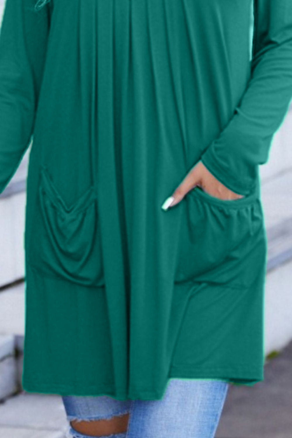 Ruched Pocketed Decorative Button Round Neck T-Shirt
