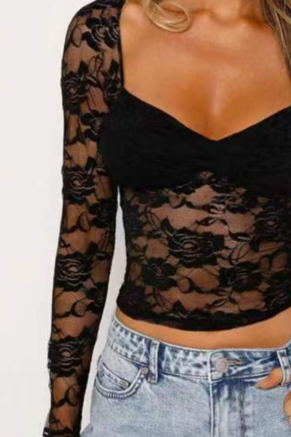 Lace Sweetheart Neck Long Sleeve T-Shirt