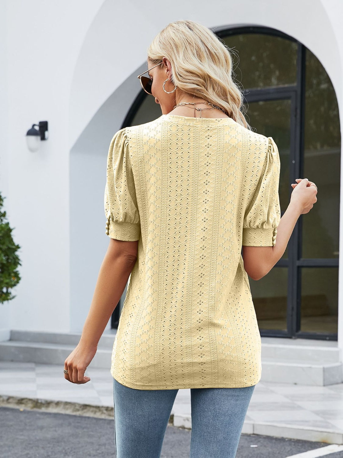 Eyelet Notched Short Sleeve Blouse