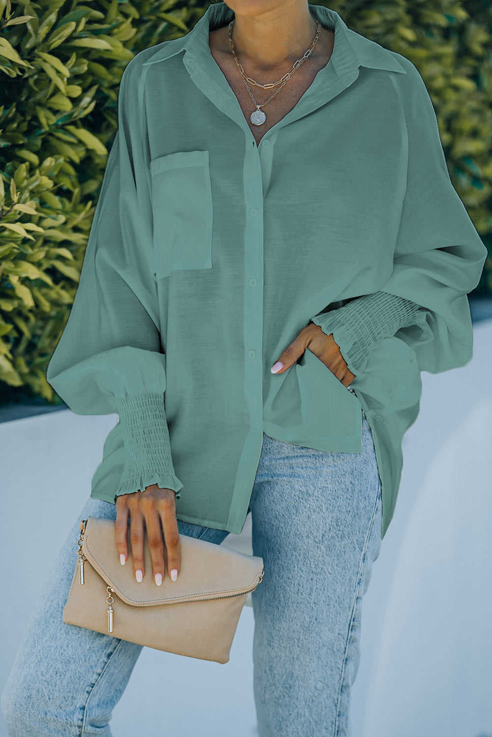 Pocketed Button Up Lantern Sleeve Shirt