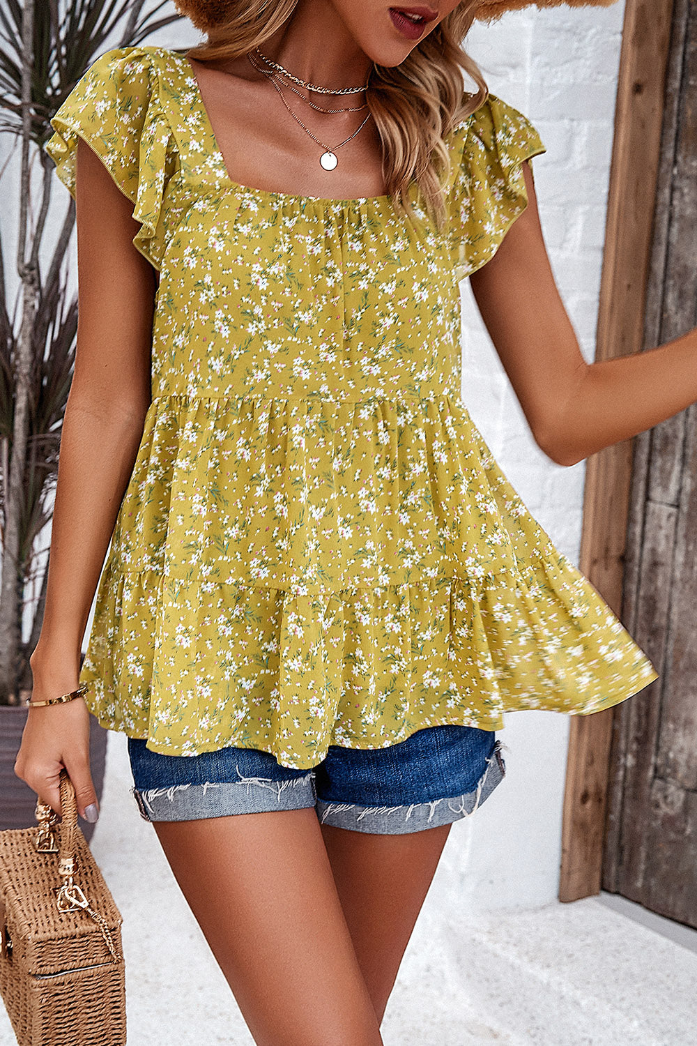 Printed Square Neck Cap Sleeve Blouse