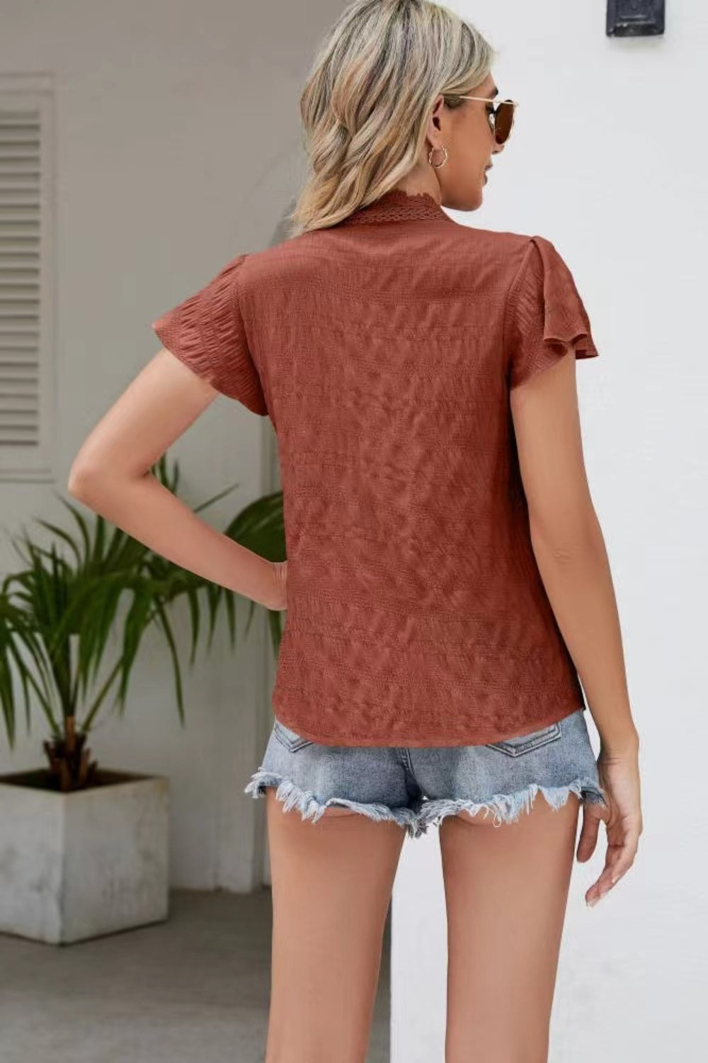 Ruffled V-Neck Button Up Cap Sleeve T-Shirt