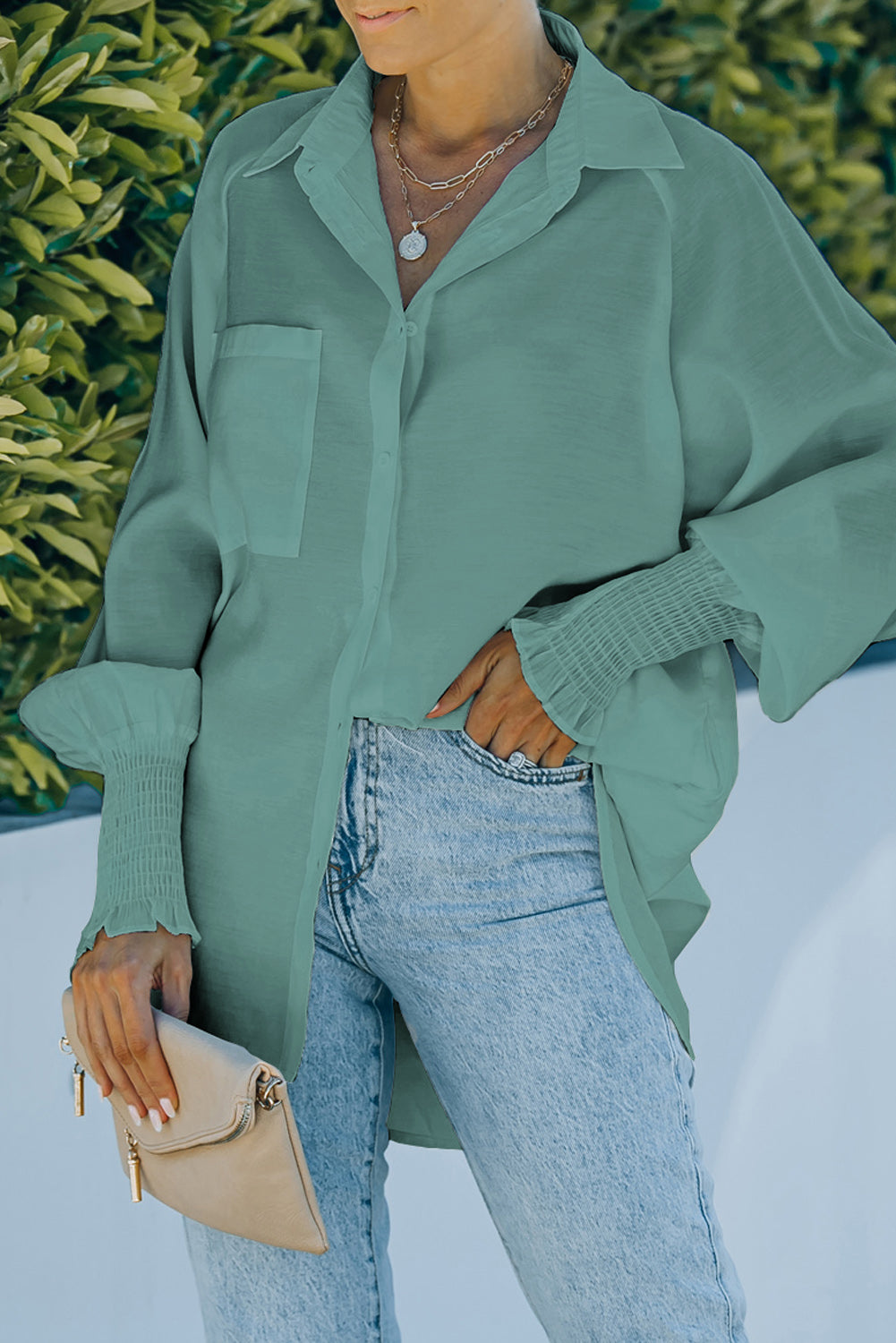 Pocketed Button Up Lantern Sleeve Shirt