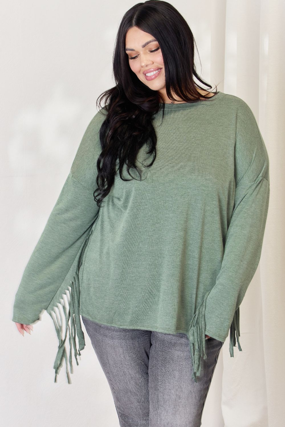 Celeste Full Size Fringe Detail Long Sleeve Top