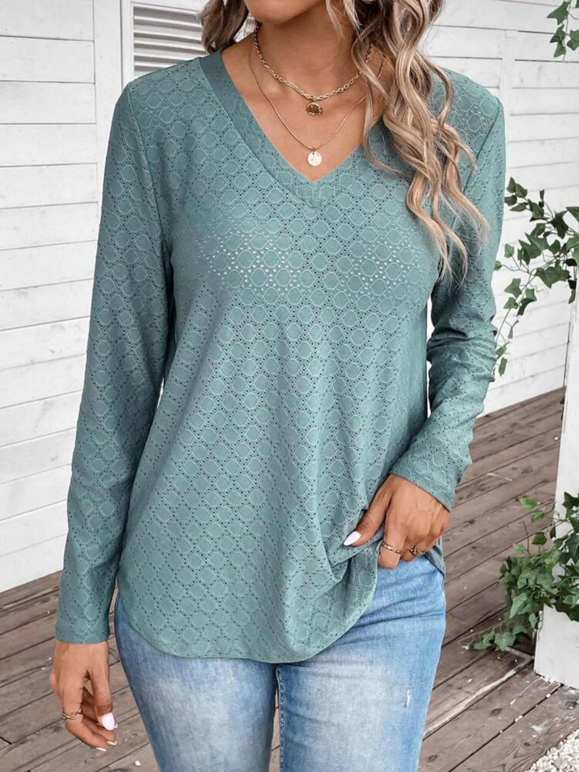 Eyelet V-Neck Long Sleeve T-Shirt