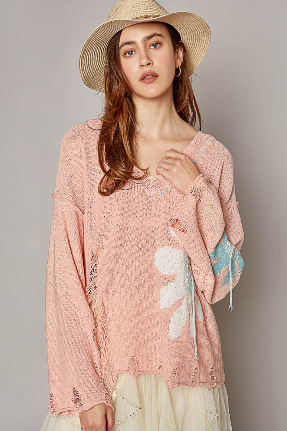 POL Distressed Flower V-Neck Dropped Shoulder Knit Top