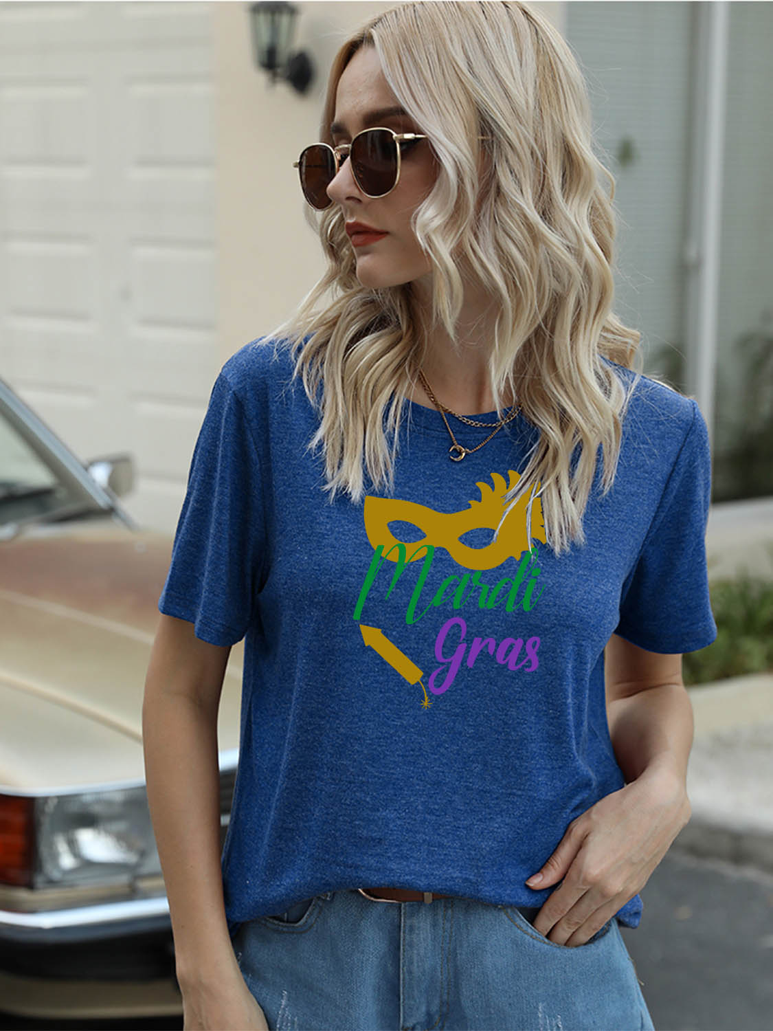 Full Size MARDI GRAS Round Neck Short Sleeve T-Shirt