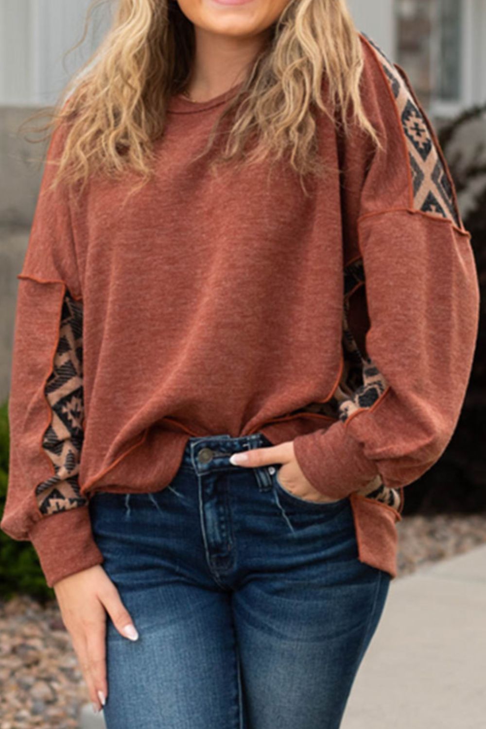 Geometric Exposed Seam Long Sleeve T-Shirt