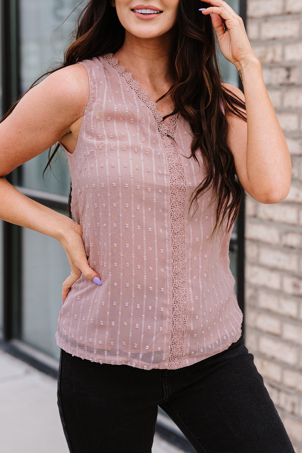 Swiss Dot Lace Detail Plunge Tank
