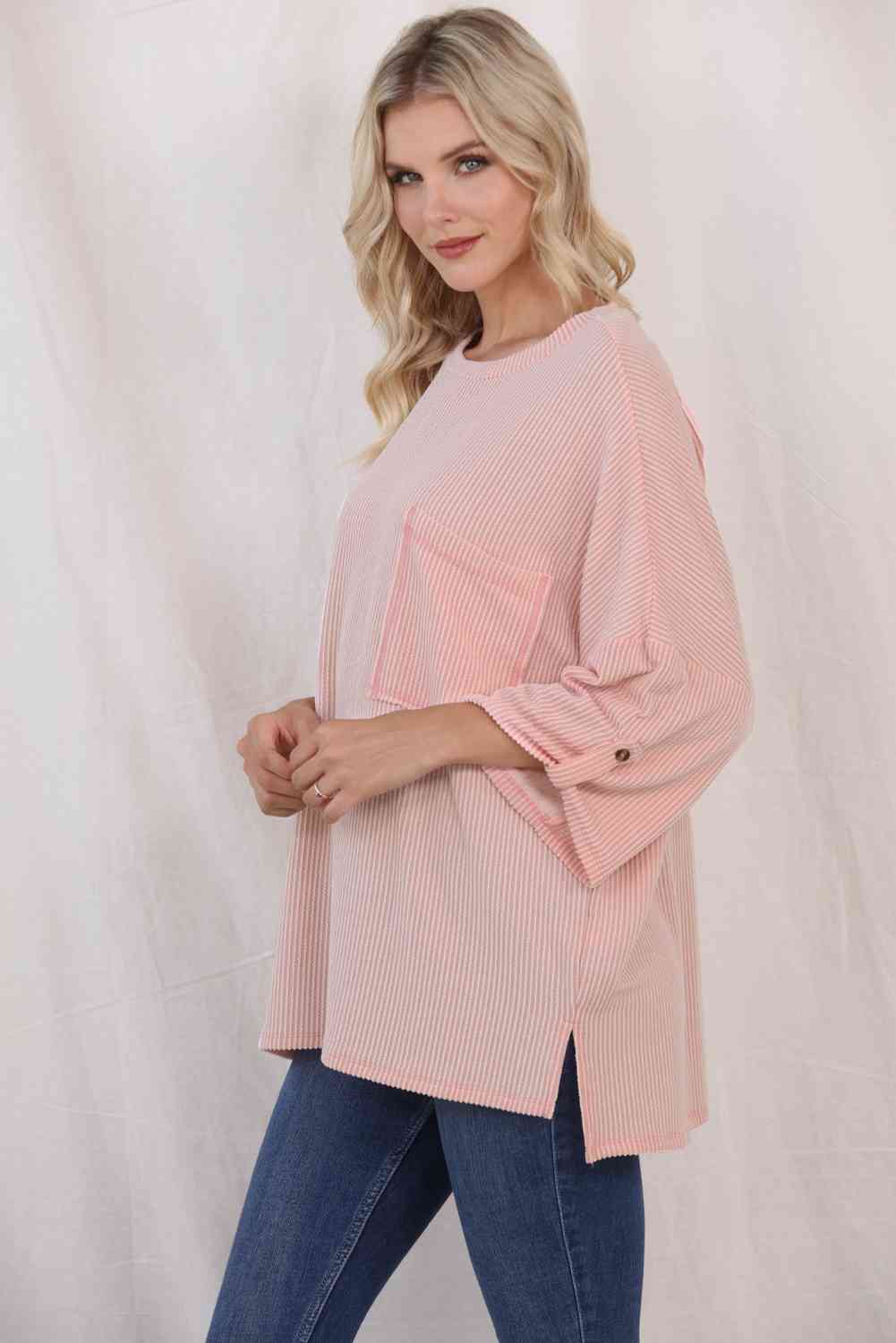 Round Neck Slit Roll-Tab Sleeve Oversize Top
