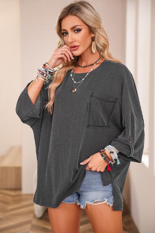 Round Neck Slit Roll-Tab Sleeve Oversize Top