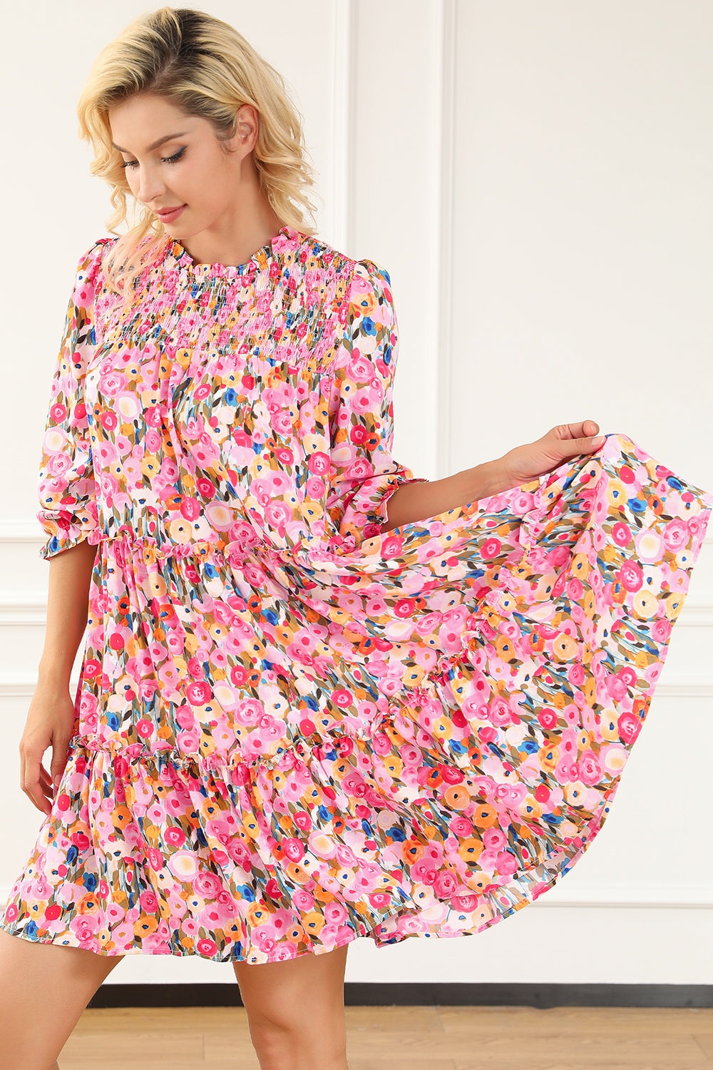 Floral Smocked Flounce Sleeve Mini Dress