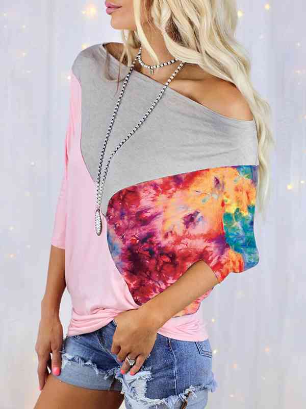 Color Block Three-Quarter Sleeve Blouse