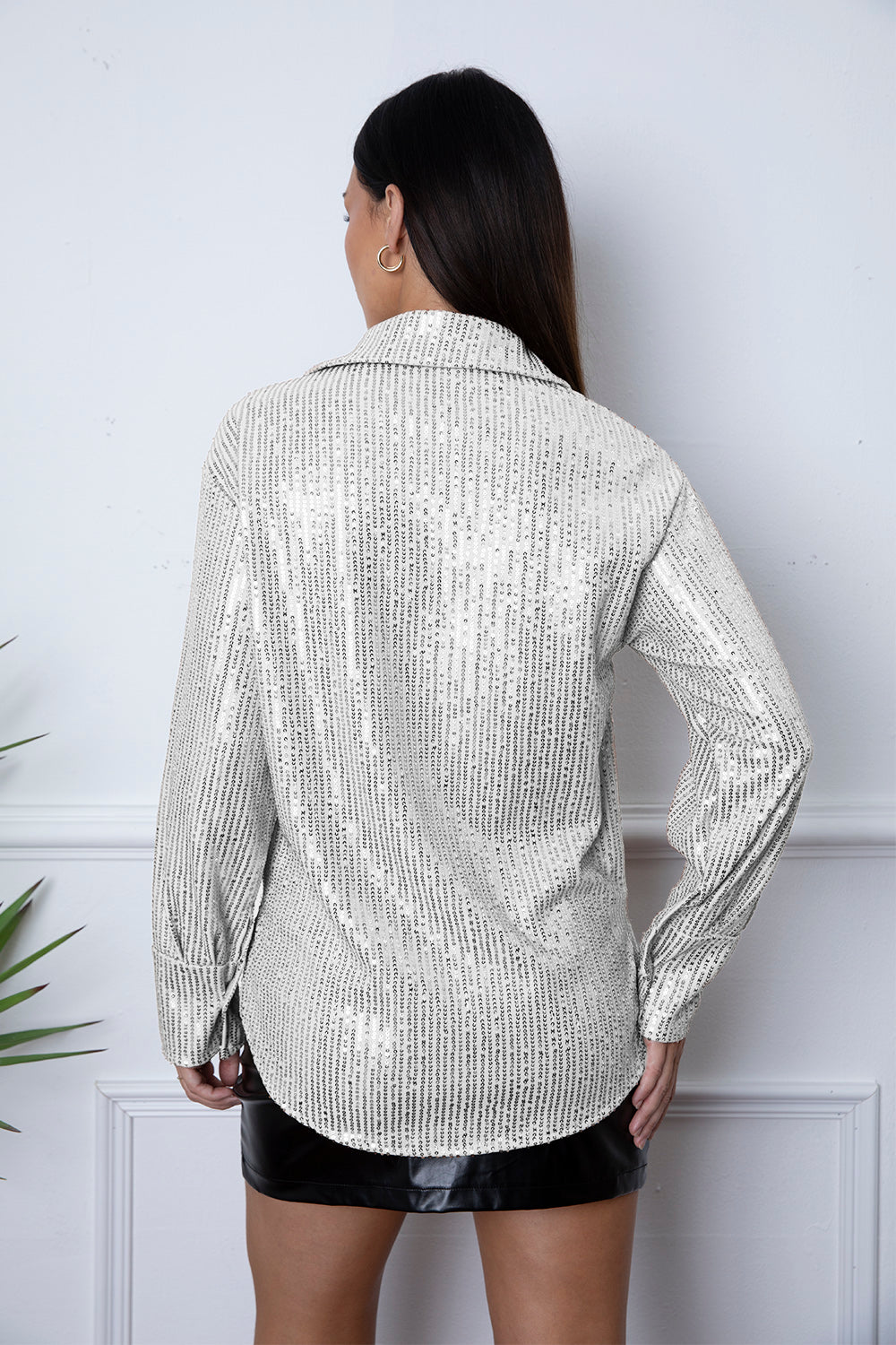 Sequin Collared Neck Long Sleeve Shirt