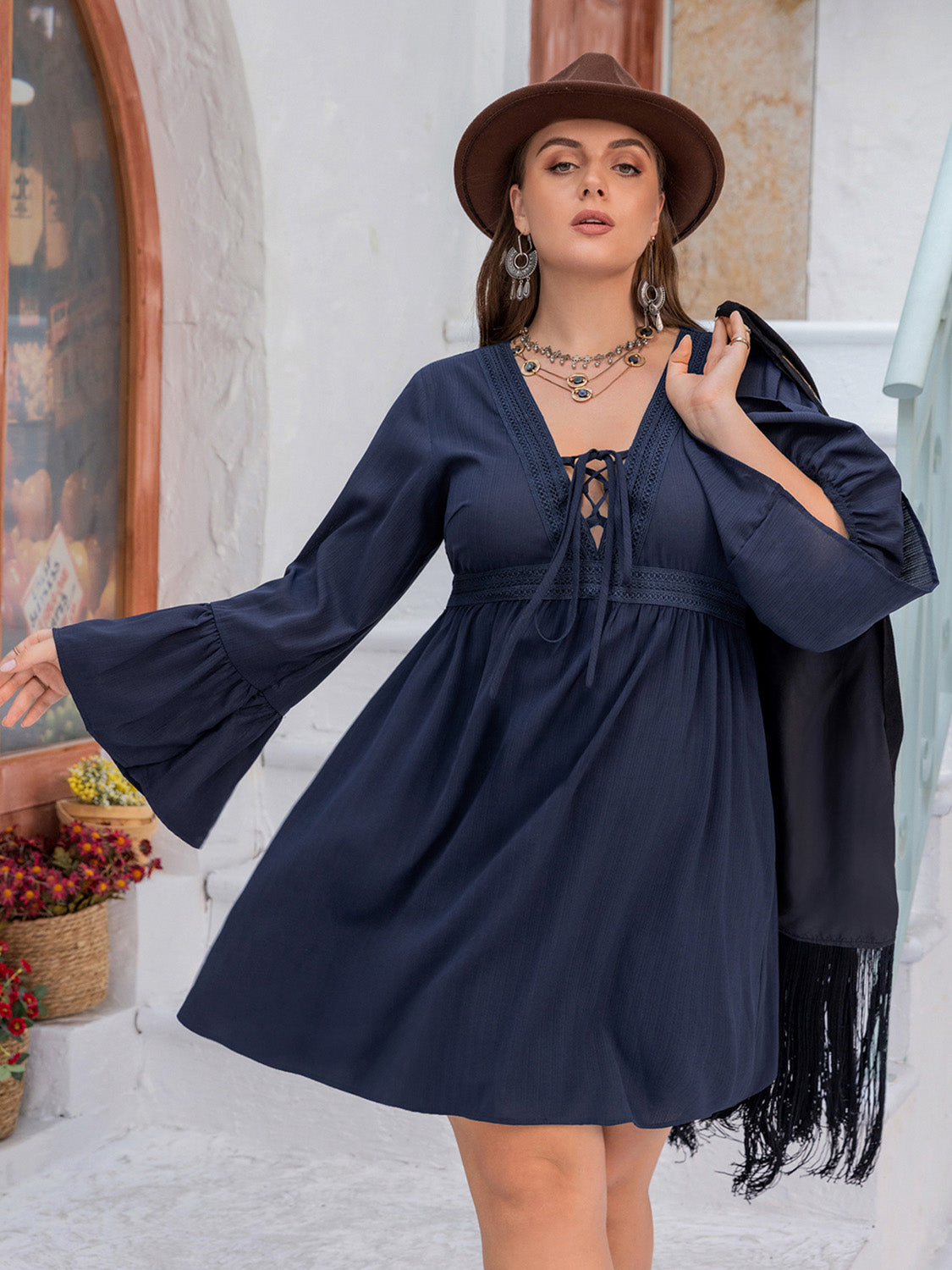 Plus Size Tie Front V-Neck Flare Sleeve Dress
