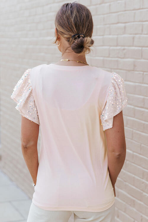 Sequin Round Neck Flutter Sleeve Blouse