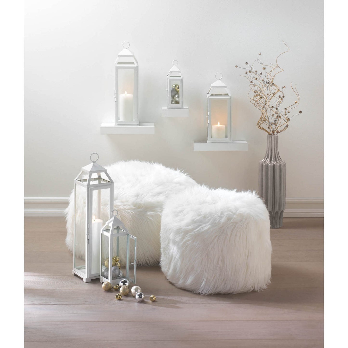 Fuzzy White Ottoman Pouf 