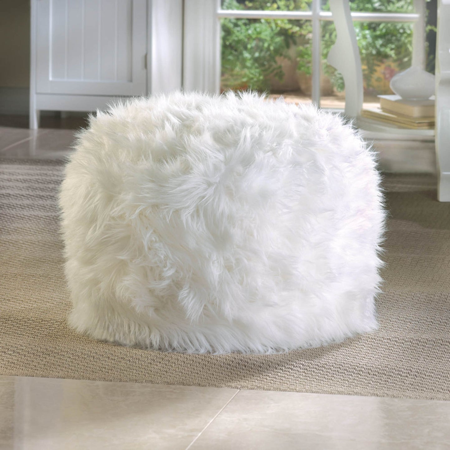 Fuzzy White Ottoman Pouf 