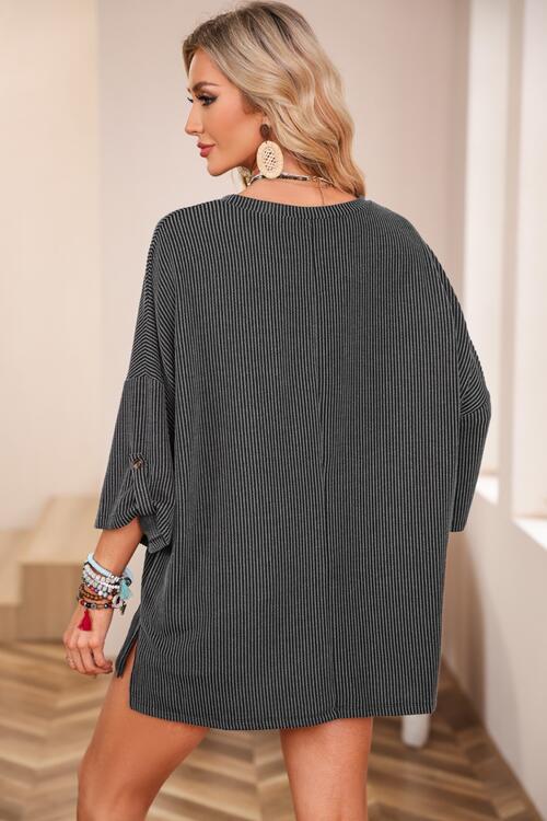 Round Neck Slit Roll-Tab Sleeve Oversize Top