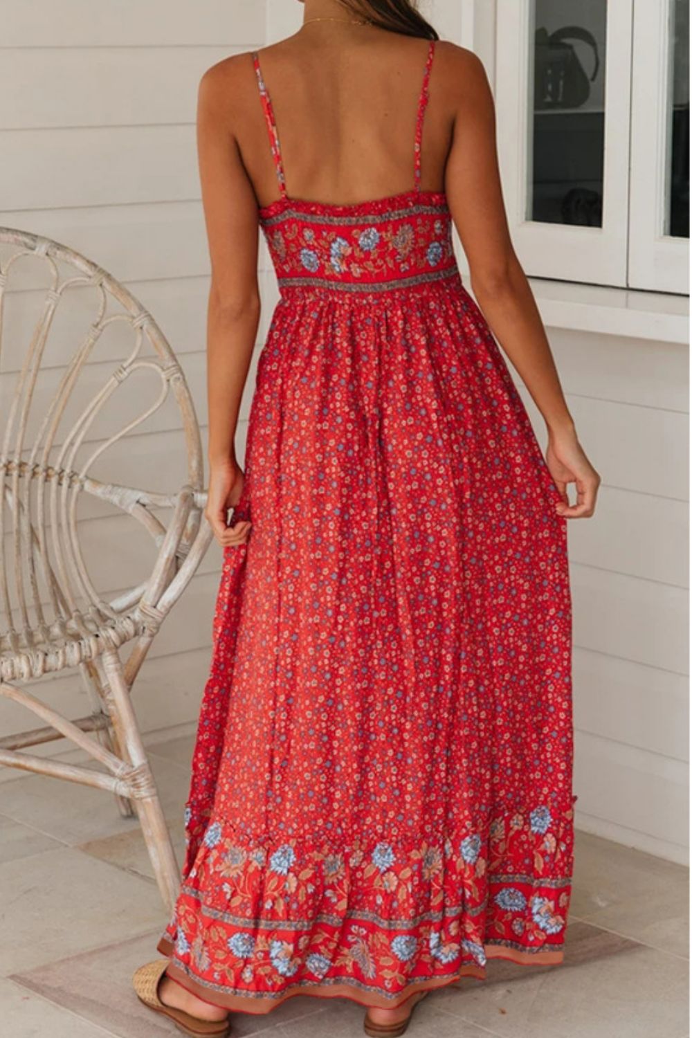 Bohemian Spaghetti Strap Frill Trim Maxi Dress