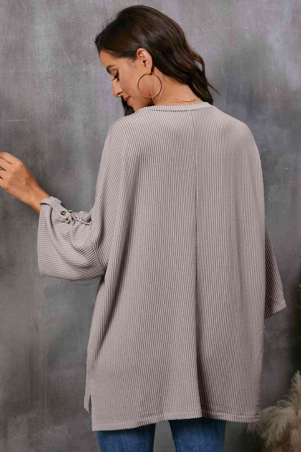 Round Neck Slit Roll-Tab Sleeve Oversize Top