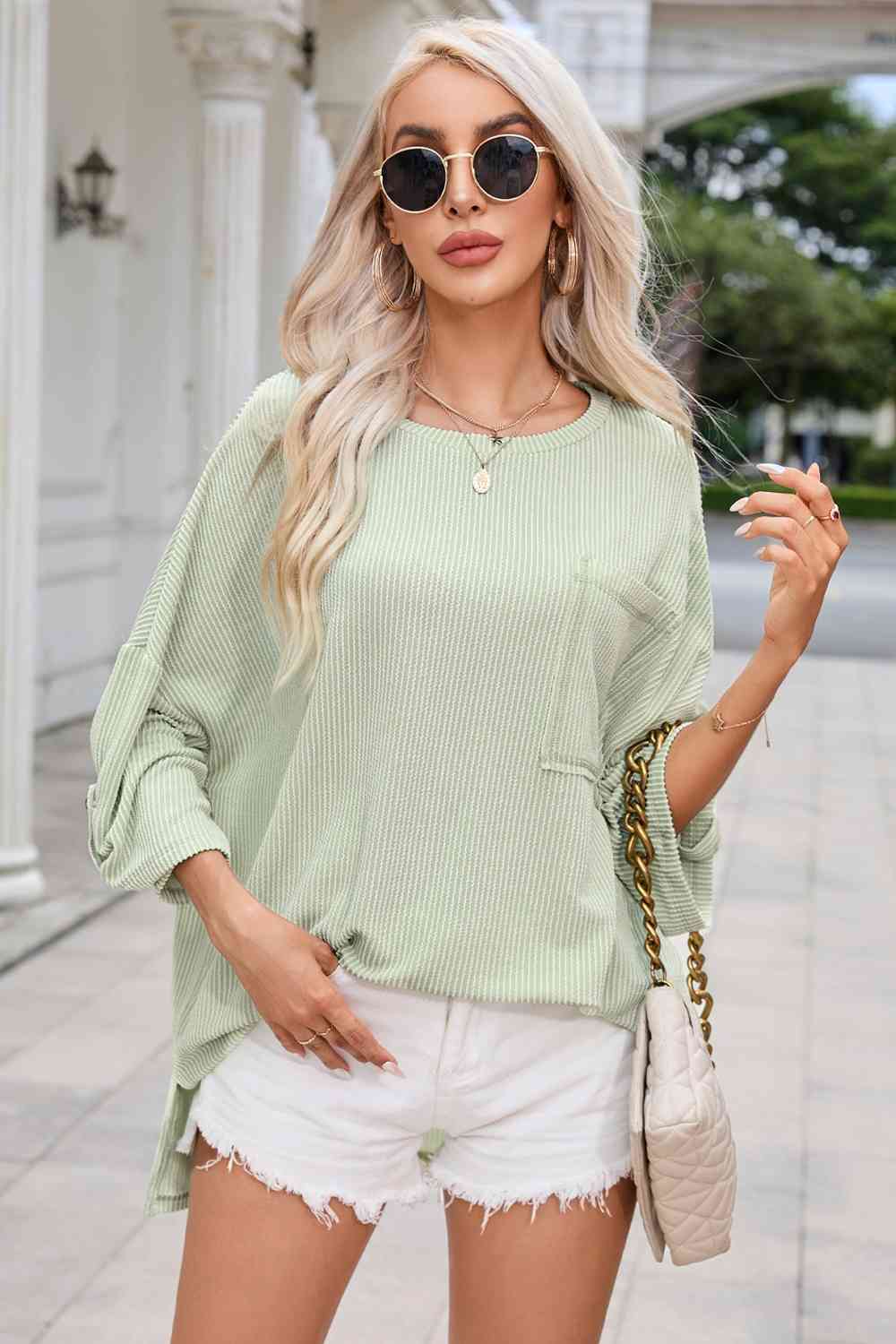 Round Neck Slit Roll-Tab Sleeve Oversize Top