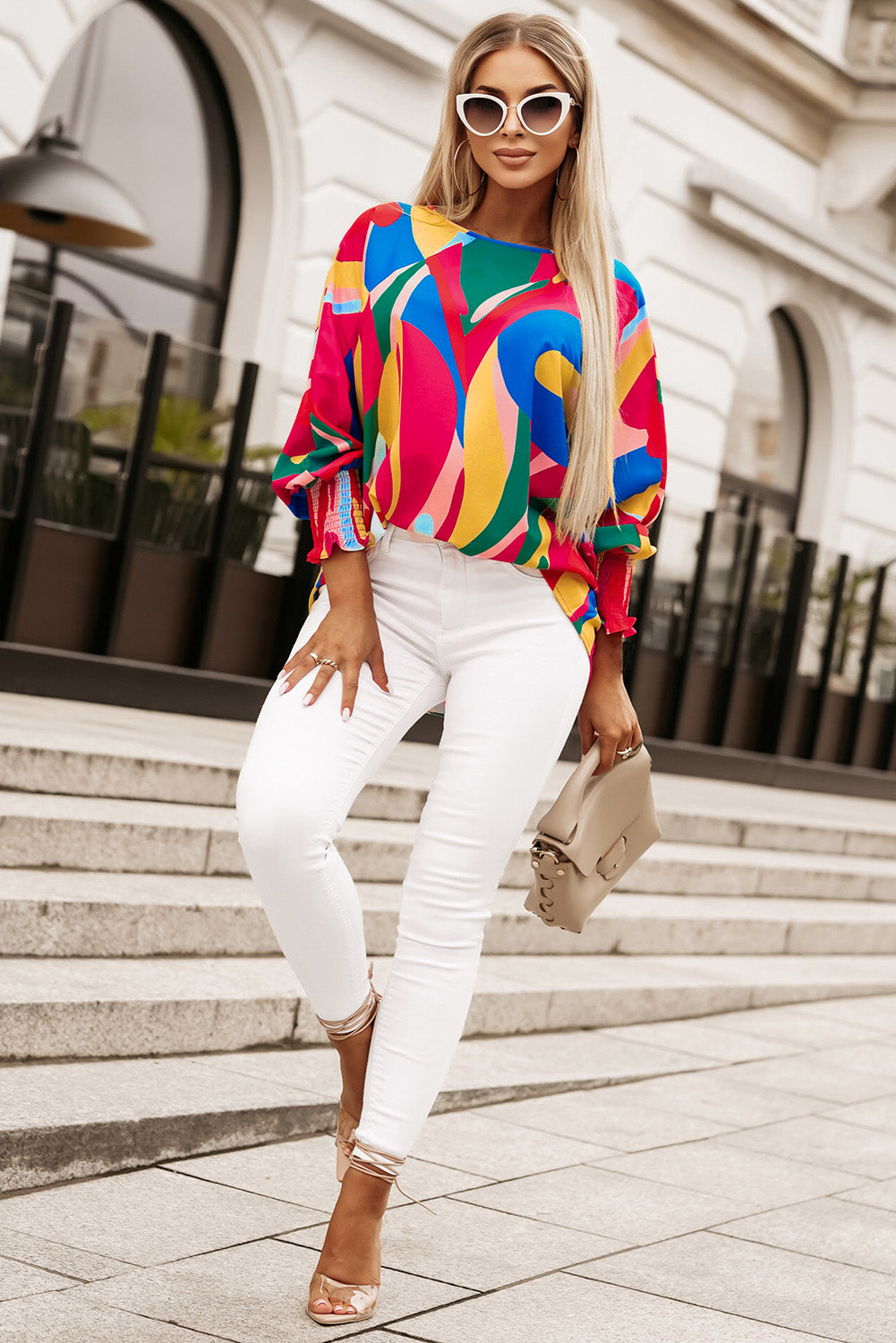 Printed Round Neck Smocked Wrist Lantern Sleeve Blouse