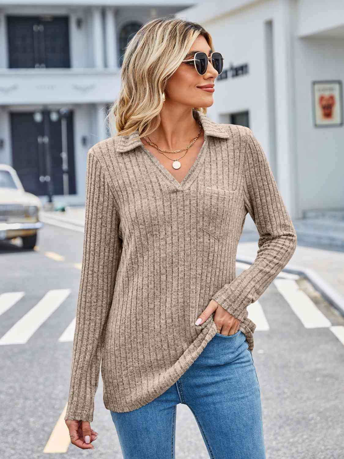 Ribbed Notched Long Sleeve T-Shirt with Pocket